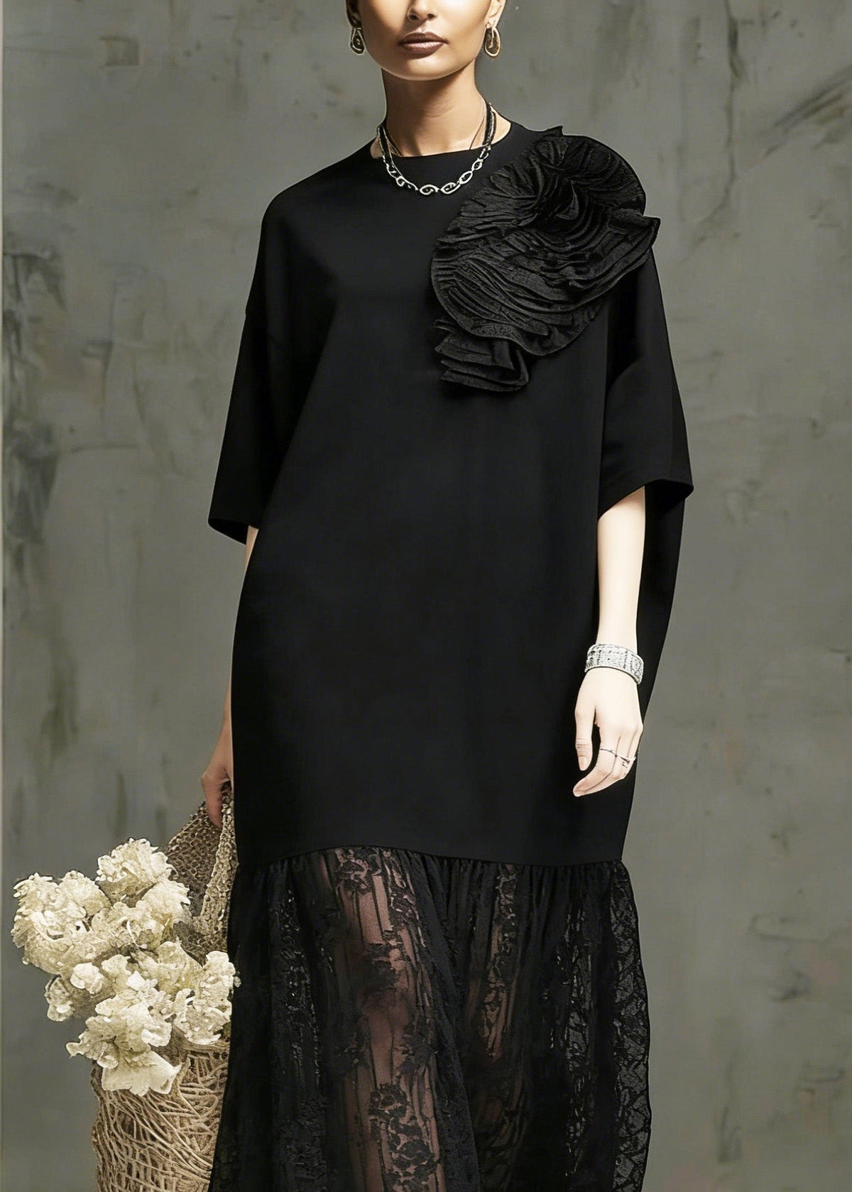 Floral Applique Round Neck Lace Panel 3/4 Sleeve Midi Dress - View 2