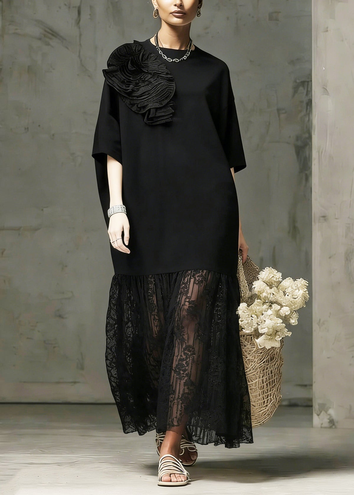 Floral Applique Round Neck Lace Panel 3/4 Sleeve Midi Dress - View 3