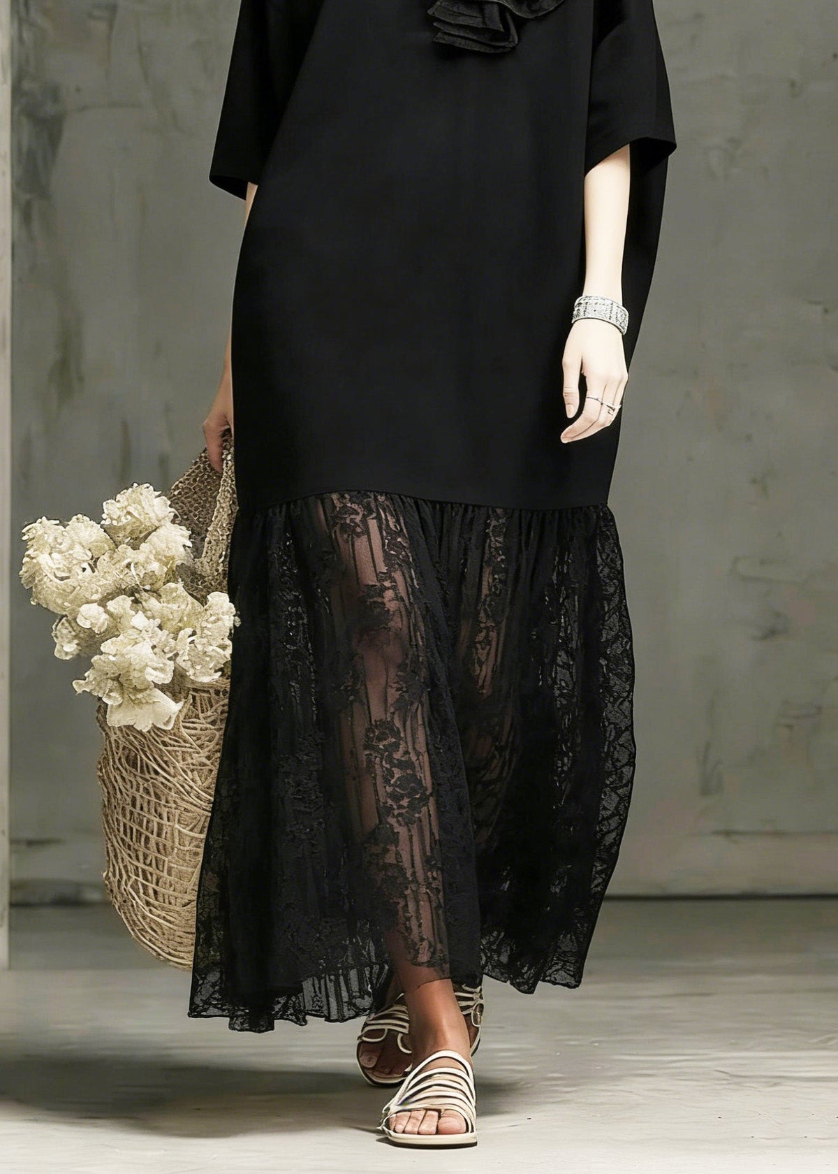 Floral Applique Round Neck Lace Panel 3/4 Sleeve Midi Dress - View 4