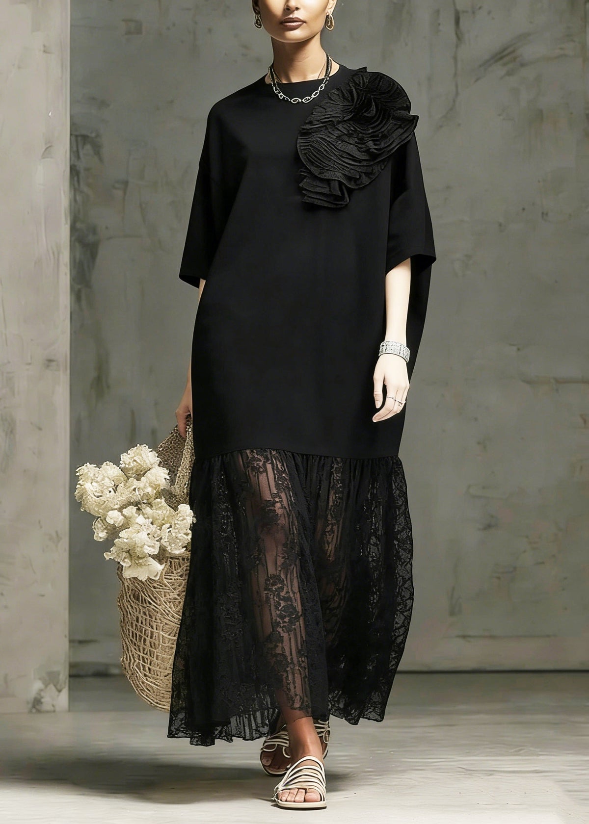 Floral Applique Round Neck Lace Panel 3/4 Sleeve Midi Dress - View 5