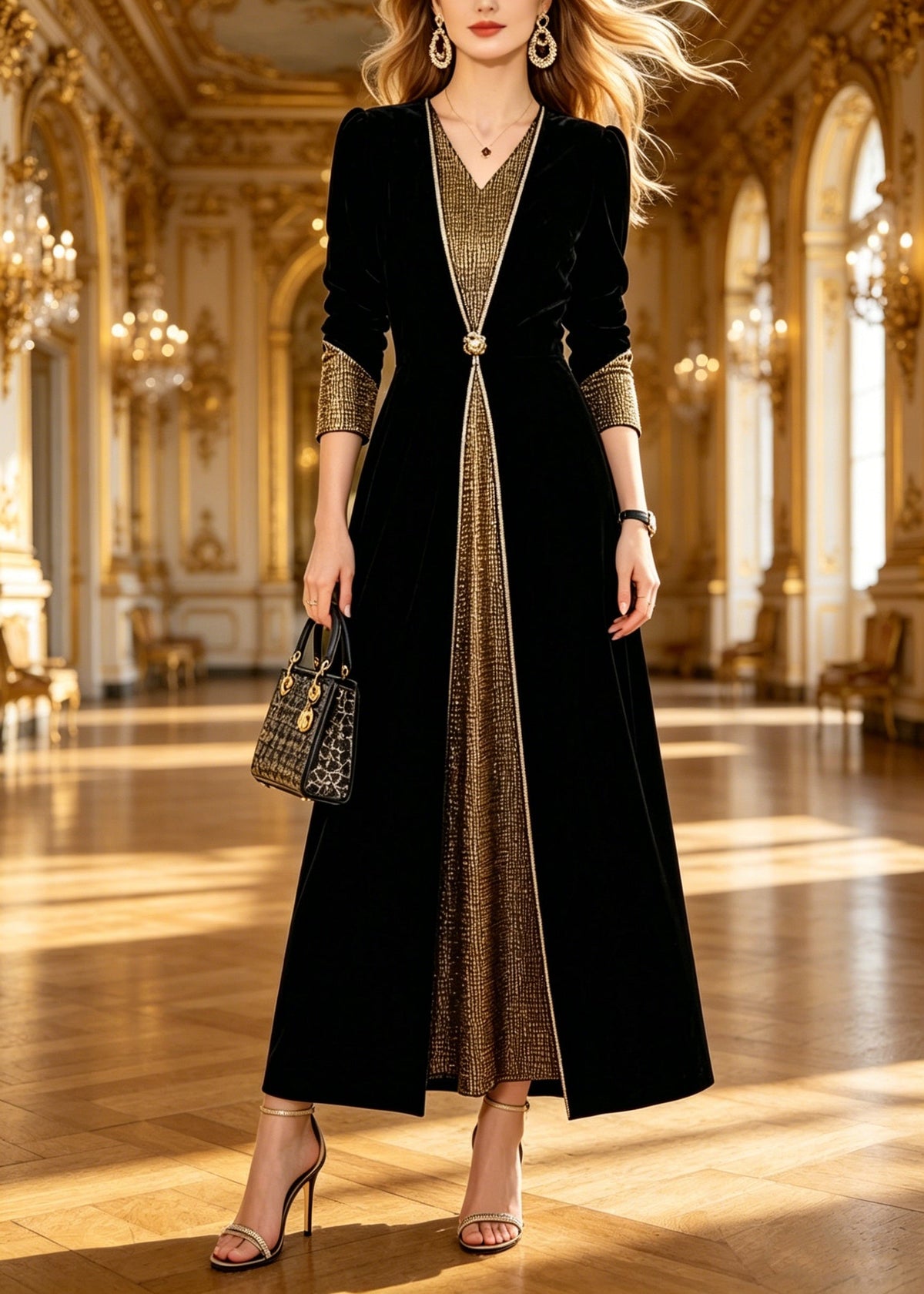 Velvet Long Sleeve V-Neck Metallic Panel Button Waist Maxi Dress