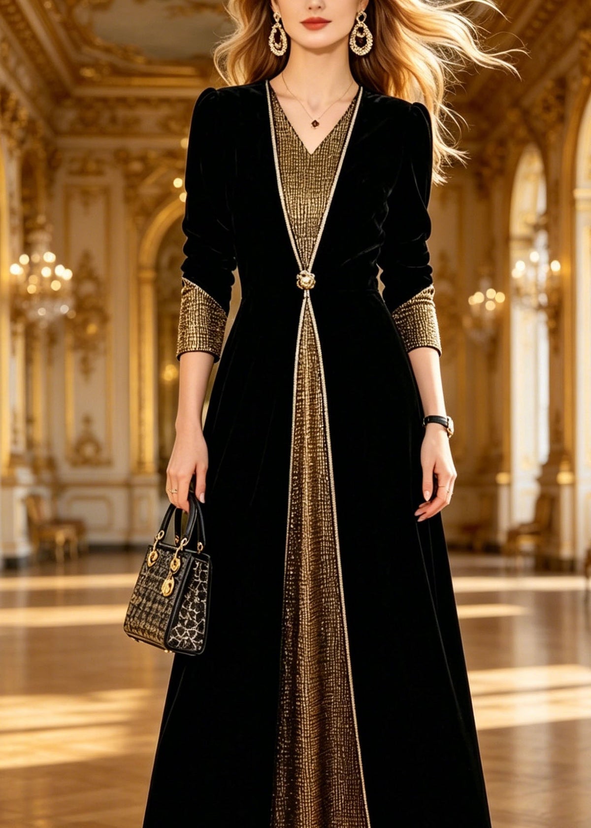 Velvet Long Sleeve V-Neck Metallic Panel Button Waist Maxi Dress - View 2
