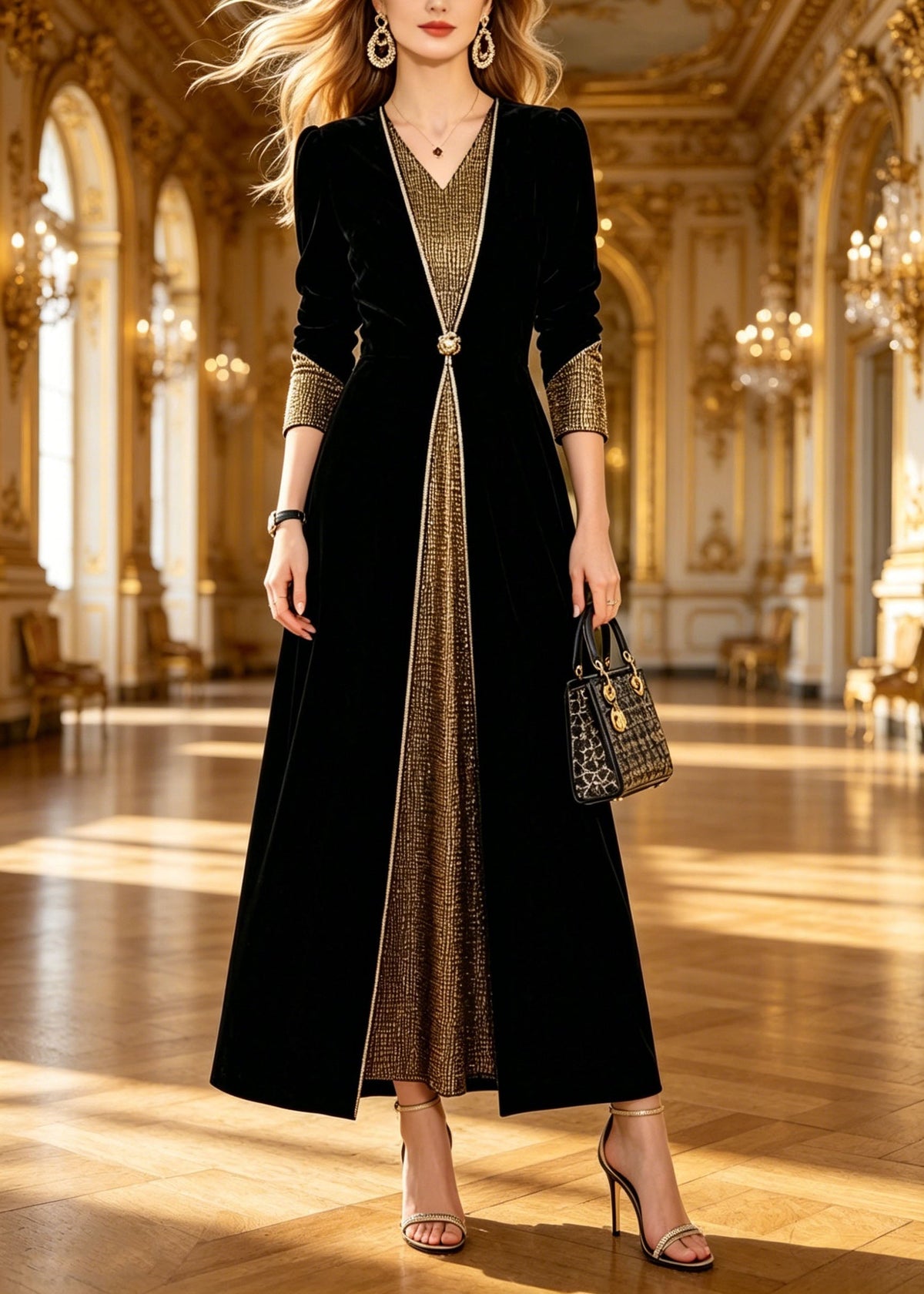 Velvet Long Sleeve V-Neck Metallic Panel Button Waist Maxi Dress - View 3