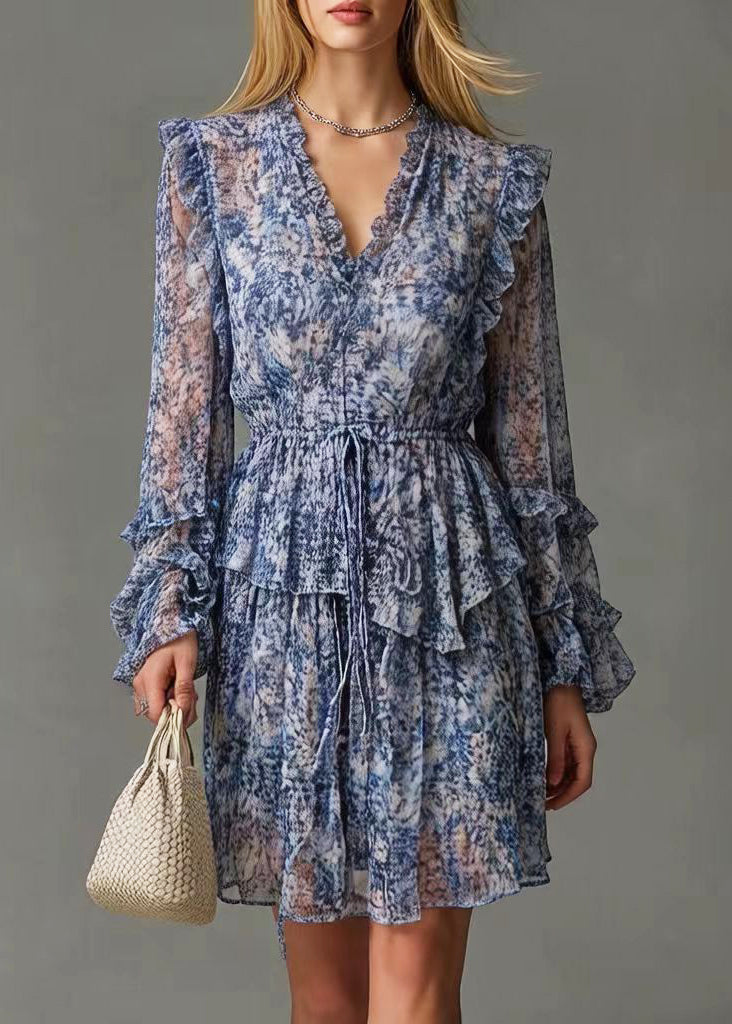 Print Chiffon V-Neck Long Sleeve Ruffle Tiered Drawstring Mini Dress 3