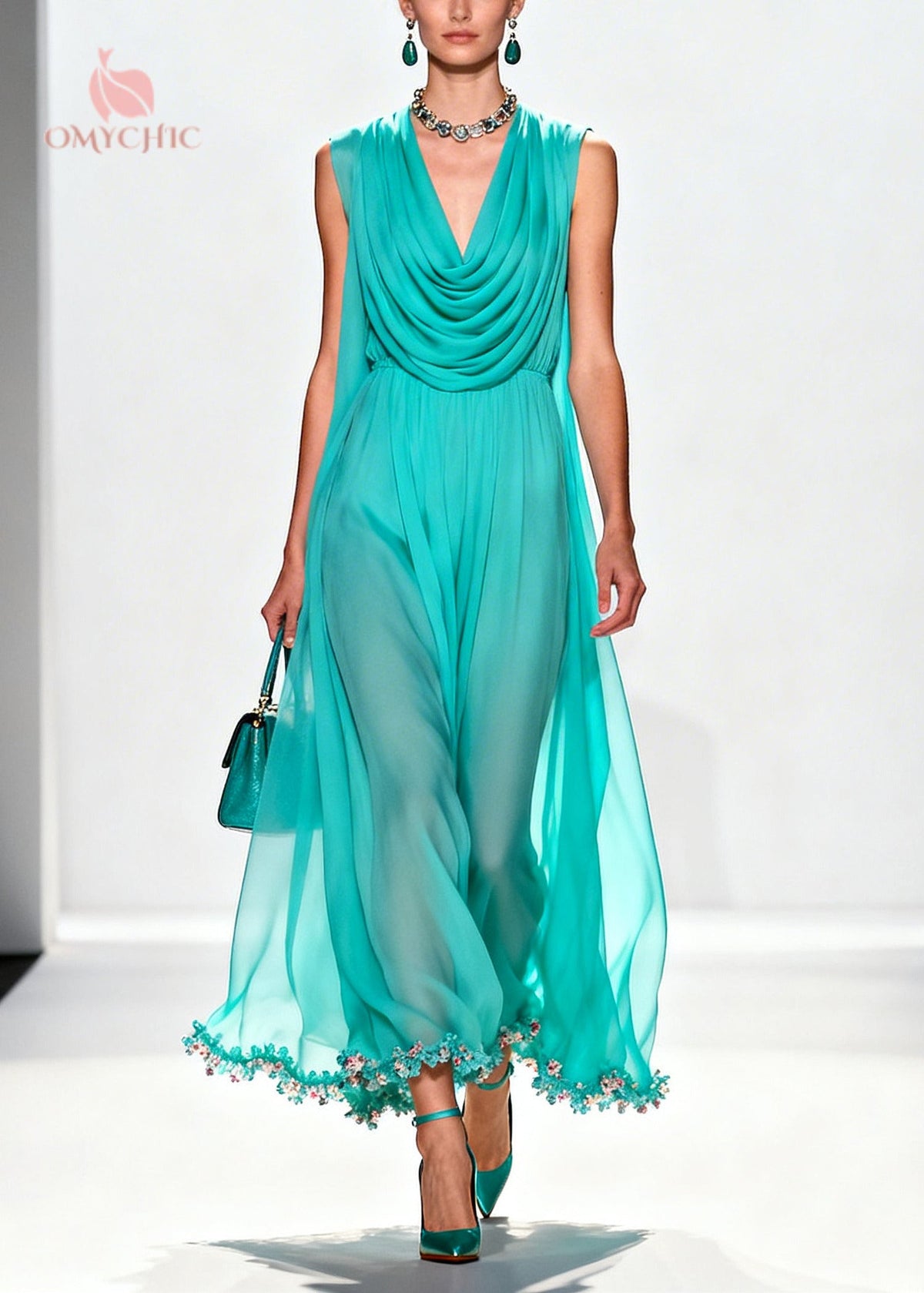 Blue Turtle Neck Patchwork Flower Lace Chiffon Maxi Dress - View 3