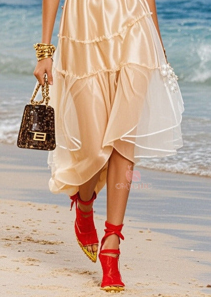 Off Shoulder Puff Sleeve Tiered Ruffle Sheer Panel Satin Midi Dress - View 4