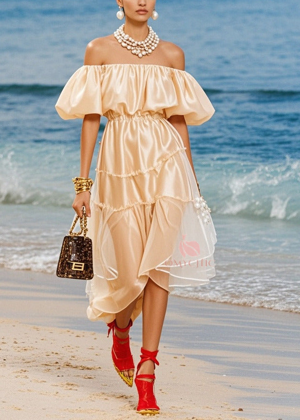Off Shoulder Puff Sleeve Tiered Ruffle Sheer Panel Satin Midi Dress - View 5