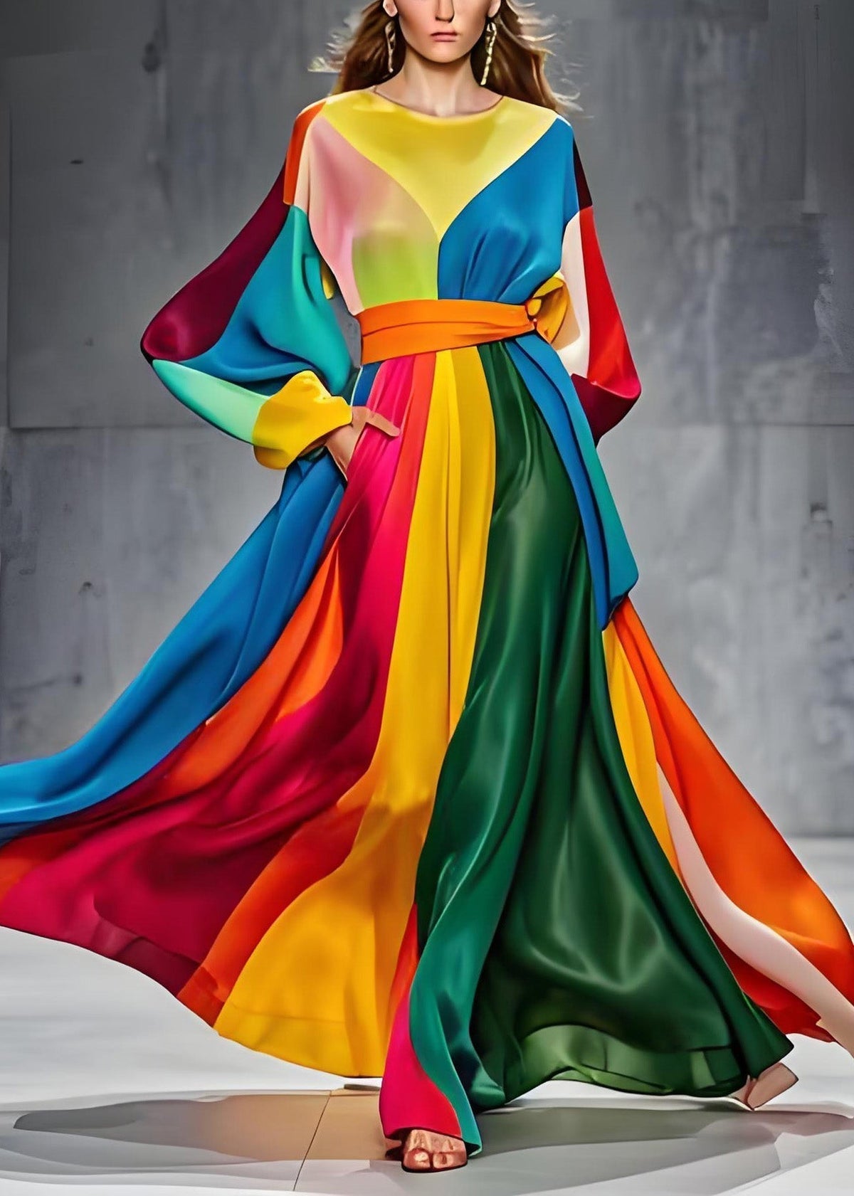 Satin Round Neck Bishop Sleeve Belted Geometric Maxi Gown - View 2