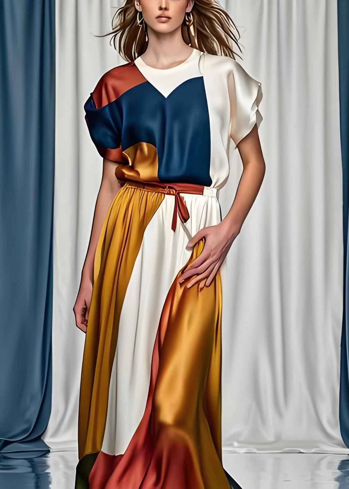 Geometric Print Crew Neck Cap Sleeve Tie Waist Satin Maxi Dress