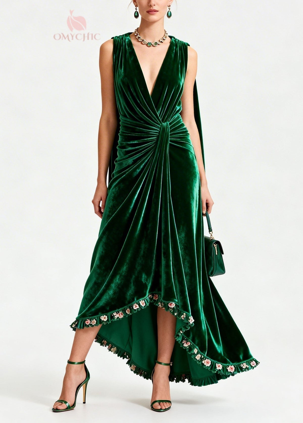 Velvet Deep V-Neck Sleeveless Knot Waist Ruffle Floral Trim Gown - View 5