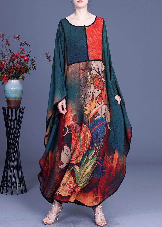 Floral Print Patchwork Button Front Batwing Sleeve Maxi Dress