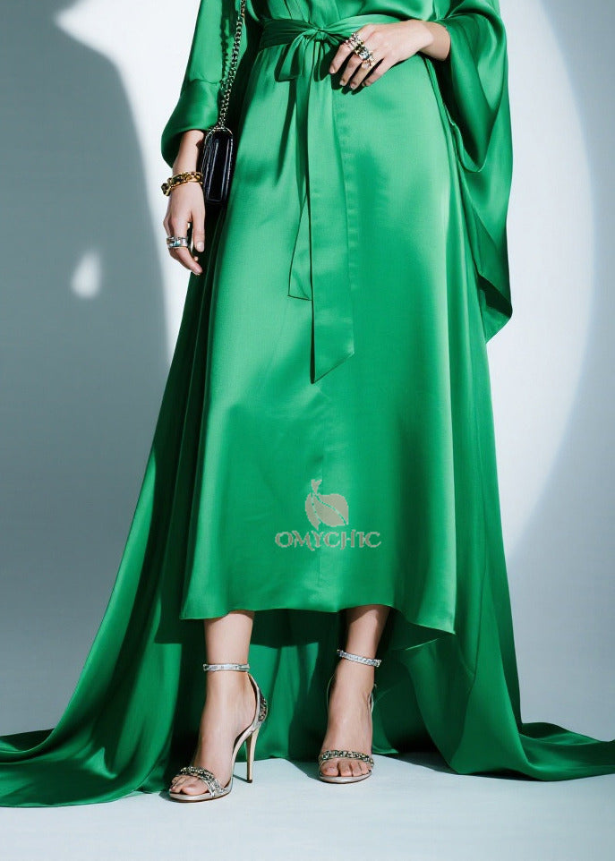 Satin Deep V-Neck Batwing Sleeve Tie Waist High Low Maxi Gown - View 4