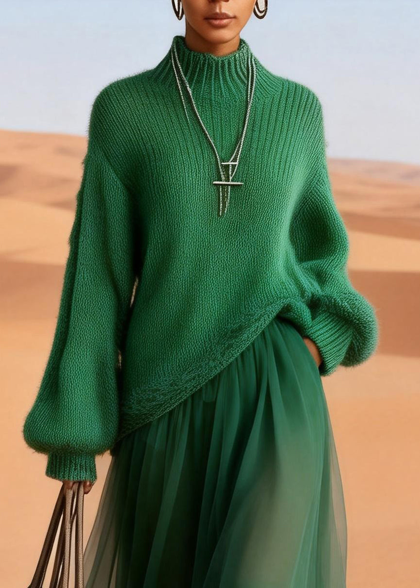 Green Turtleneck Knit Blended Patchwork Tulle Maxi Dress - View 2