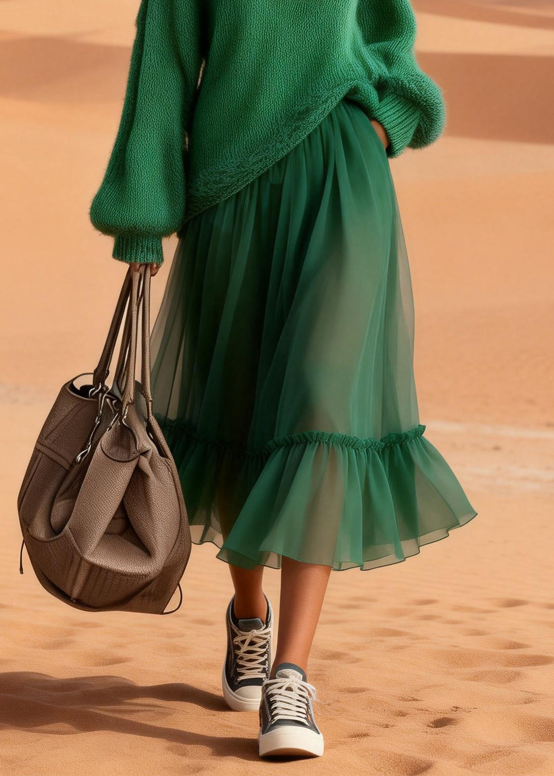 Green Turtleneck Knit Blended Patchwork Tulle Maxi Dress - View 4