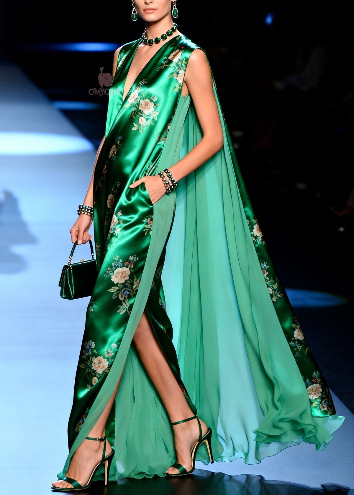 Floral Print Satin Deep V-Neck Sleeveless Side Pocket Maxi Gown