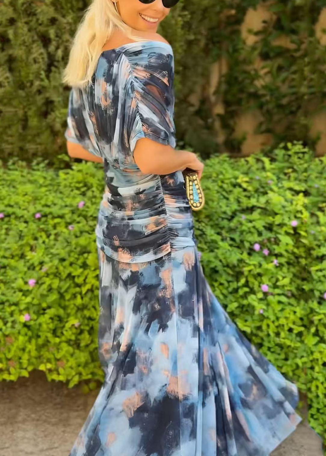 Off Shoulder Twist Front Floral Print Ruched Maxi Dress 3