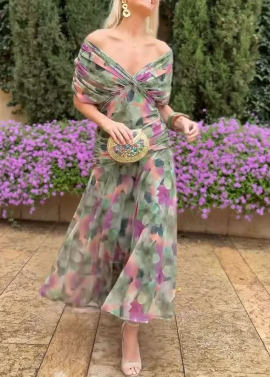 Off Shoulder Twist Front Floral Print Ruched Maxi Dress 4