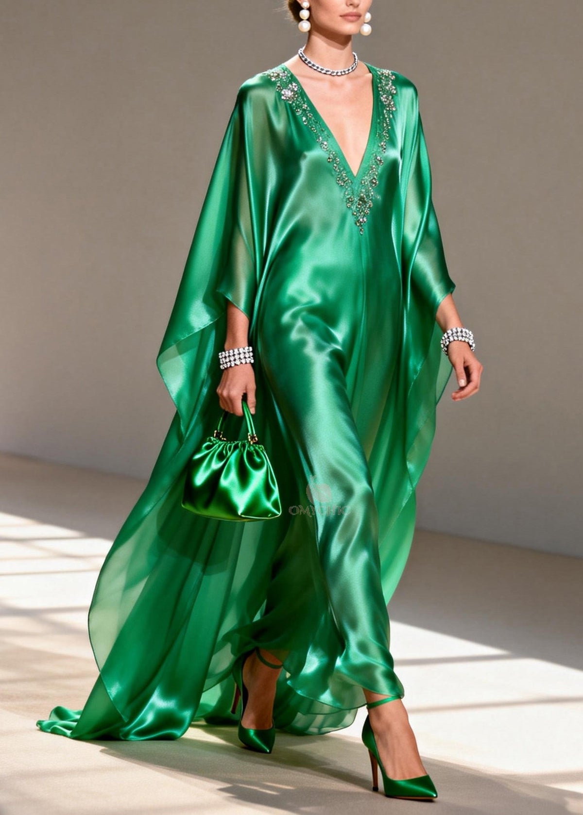 Satin Rhinestone Trim Deep V-Neck Long Cape Sleeve Kaftan Maxi Gown