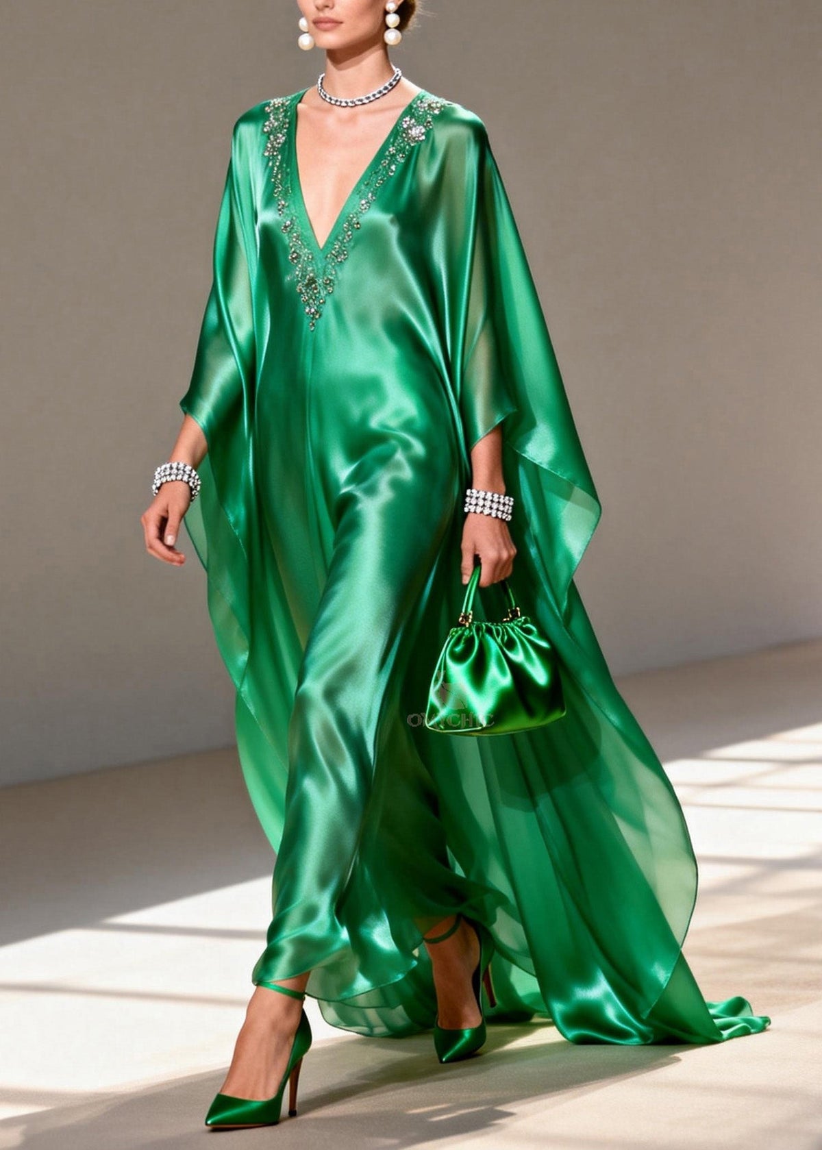 Satin Rhinestone Trim Deep V-Neck Long Cape Sleeve Kaftan Maxi Gown - View 3