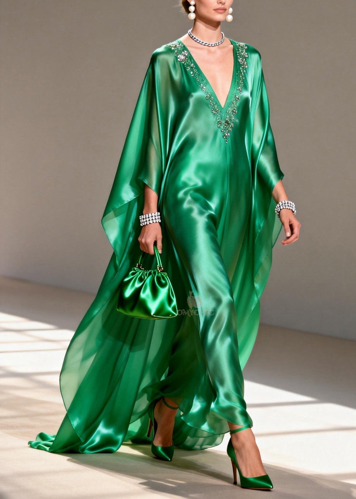 Satin Rhinestone Trim Deep V-Neck Long Cape Sleeve Kaftan Maxi Gown - View 5