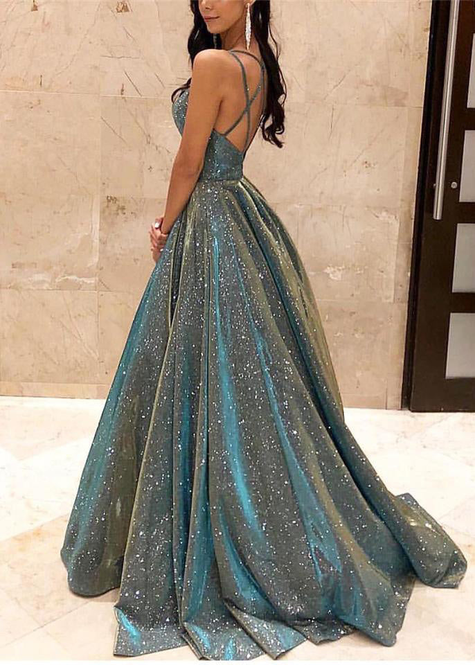 Sequin Spaghetti Strap Crisscross Back A-Line Ball Gown