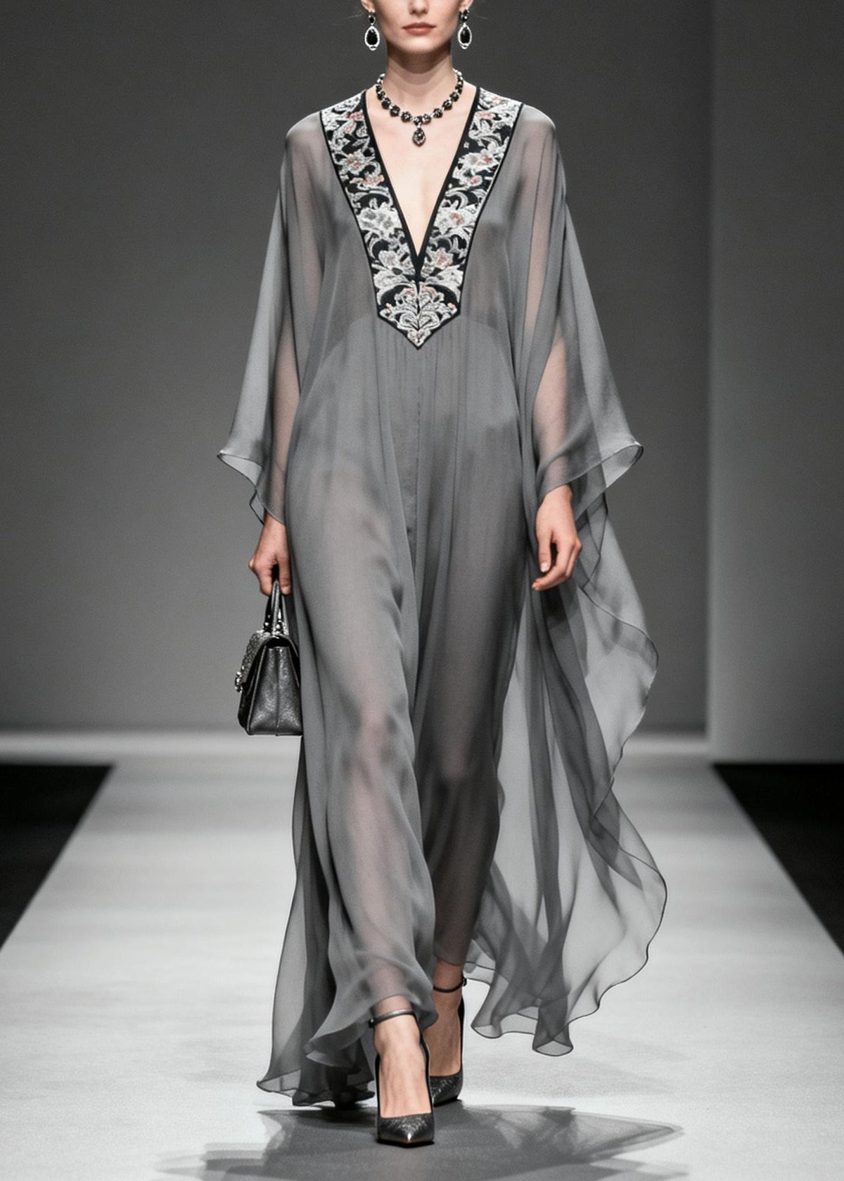 Floral Embroidery Deep V-Neck Angel Sleeve Sheer Maxi Dress
