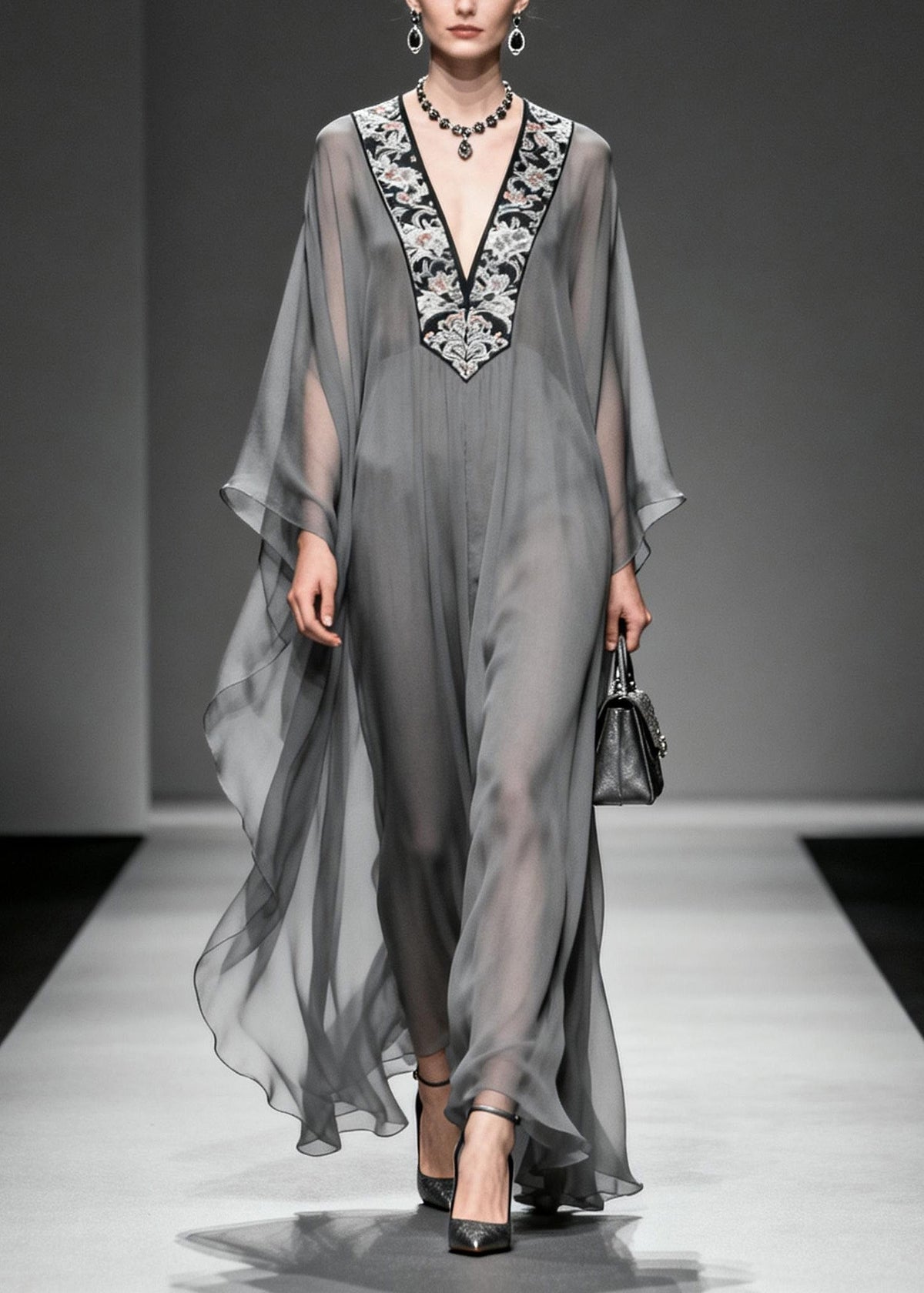 Floral Embroidery Deep V-Neck Angel Sleeve Sheer Maxi Dress - View 3