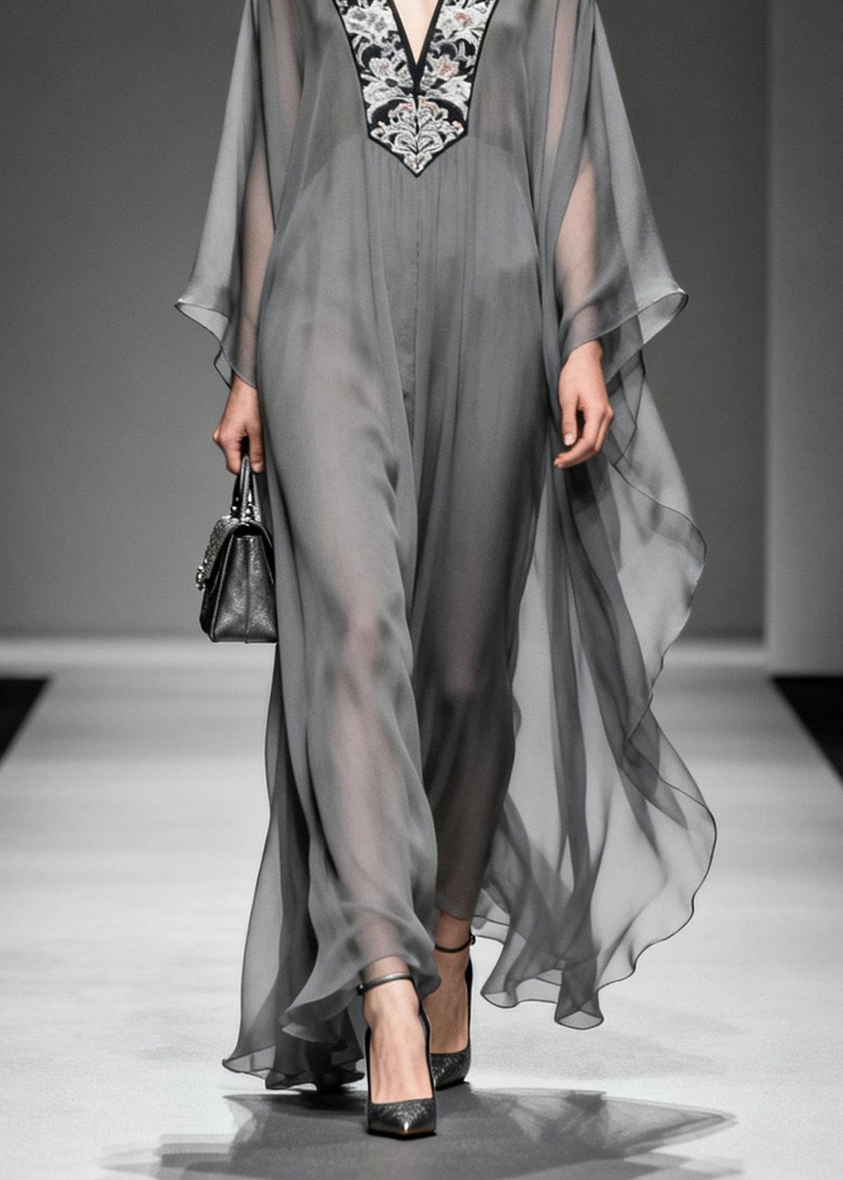 Floral Embroidery Deep V-Neck Angel Sleeve Sheer Maxi Dress - View 4