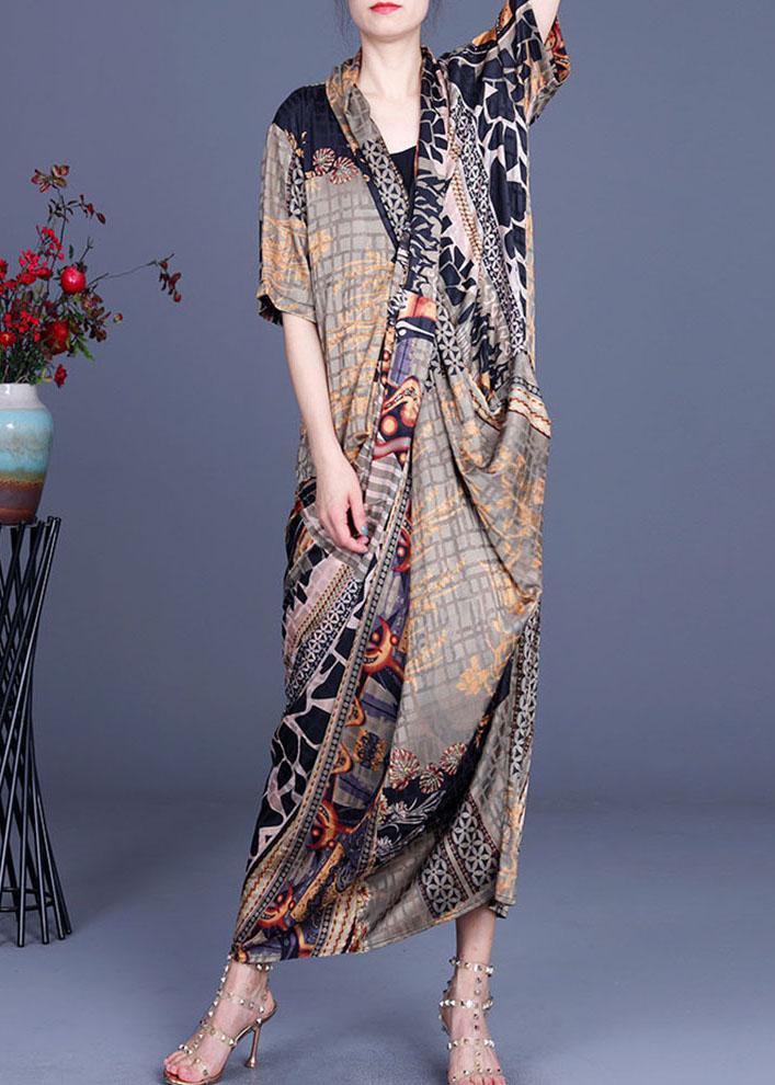 Patchwork Print V-Neck Short Sleeve Draped Wrap Oversized Maxi Dress
