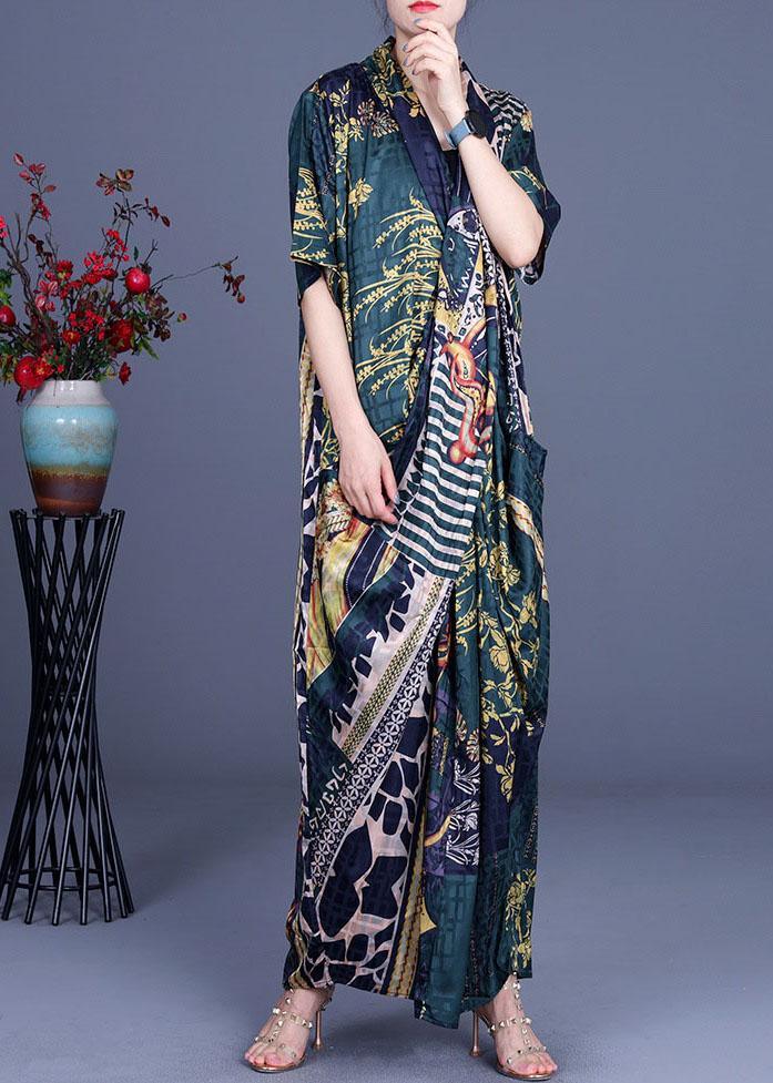 Patchwork Print V-Neck Short Sleeve Draped Wrap Oversized Maxi Dress - View 2