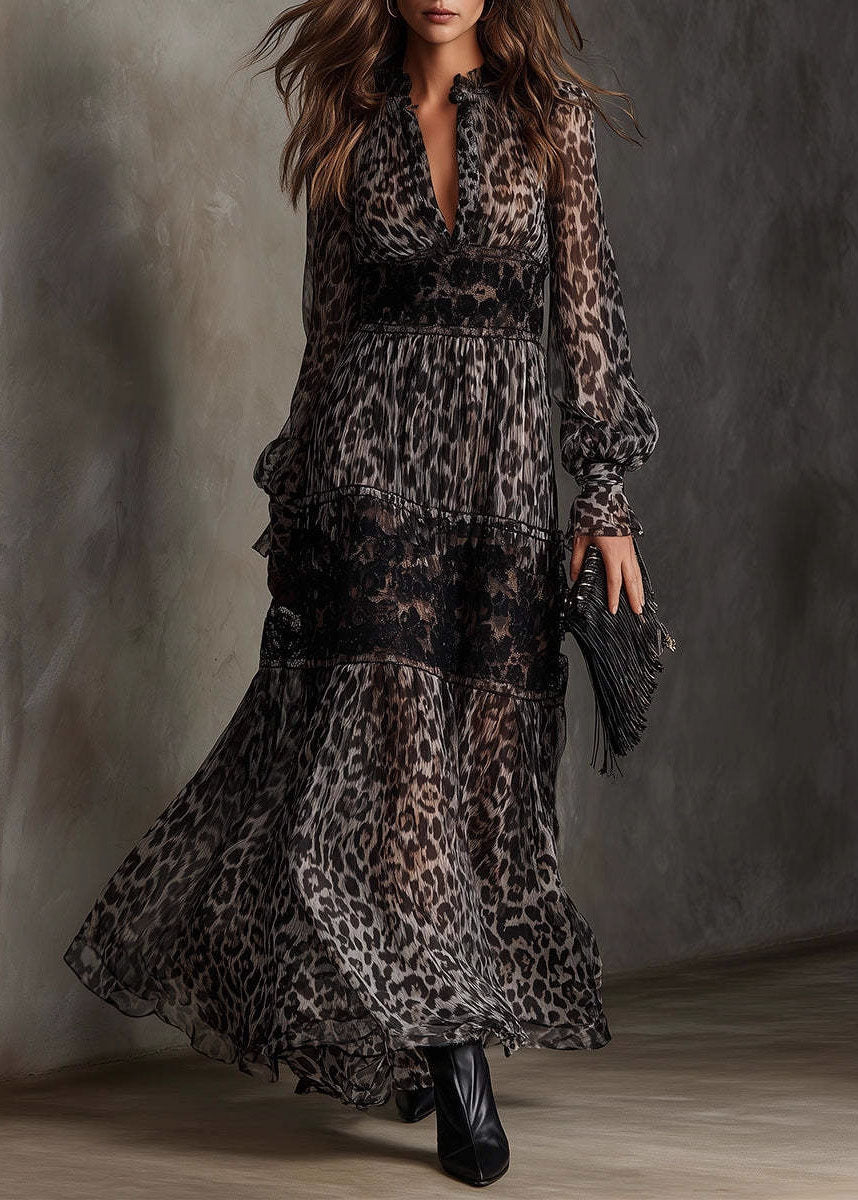 Animal Print Lace Trim Deep V-Neck Ruffle Collar Maxi Dress