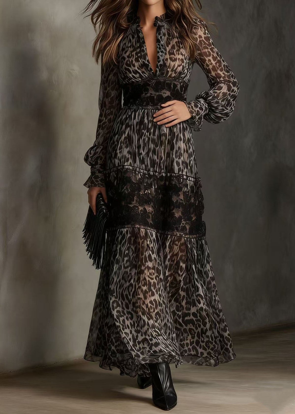 Animal Print Lace Trim Deep V-Neck Ruffle Collar Maxi Dress - View 2