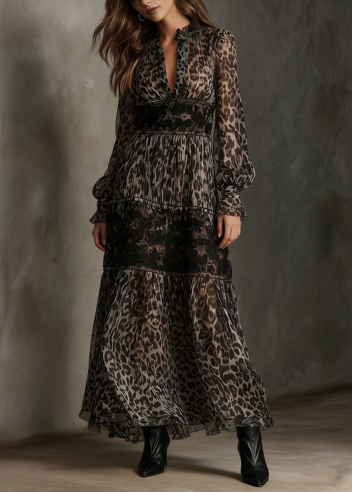Animal Print Lace Trim Deep V-Neck Ruffle Collar Maxi Dress - View 3