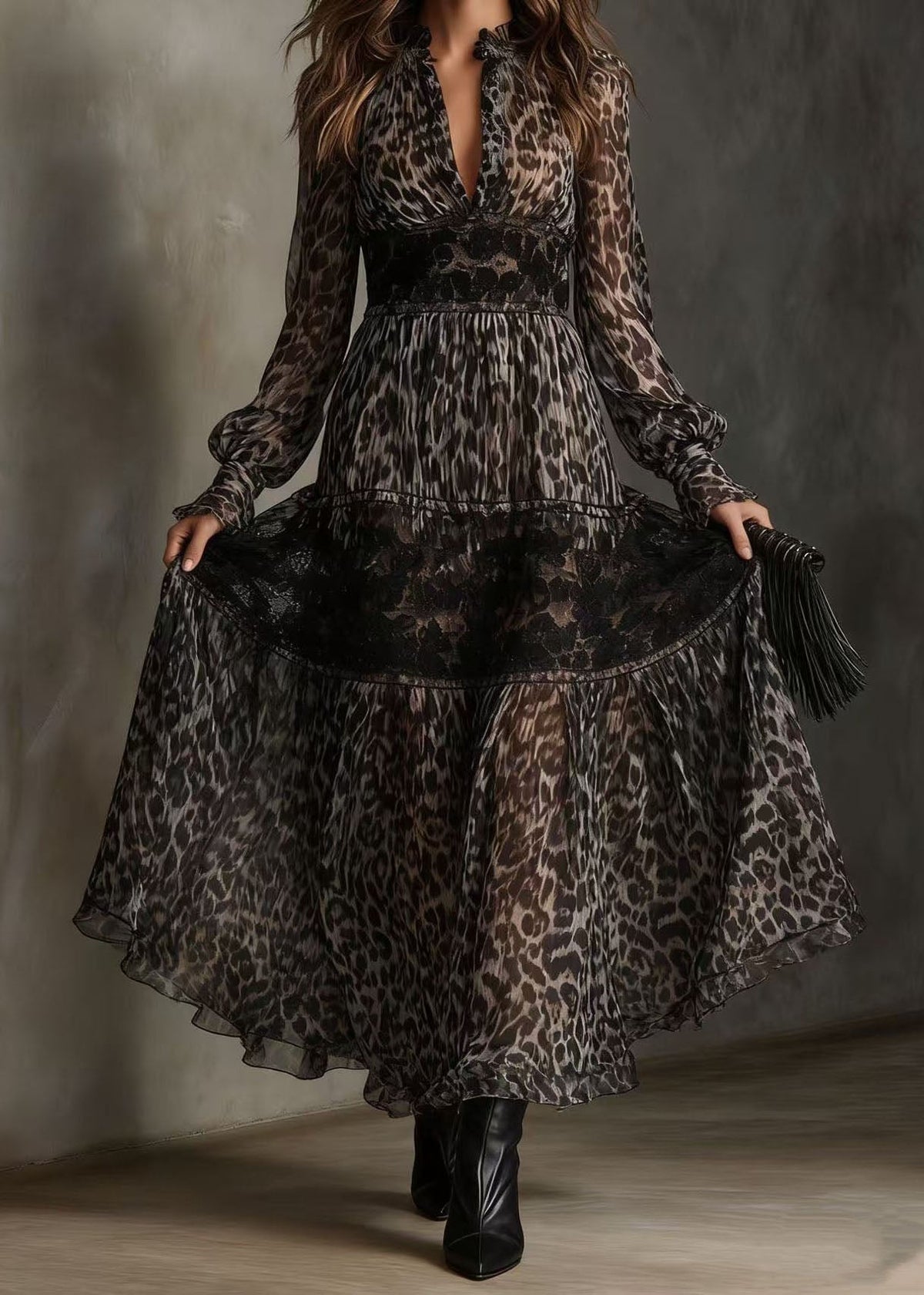 Animal Print Lace Trim Deep V-Neck Ruffle Collar Maxi Dress - View 4
