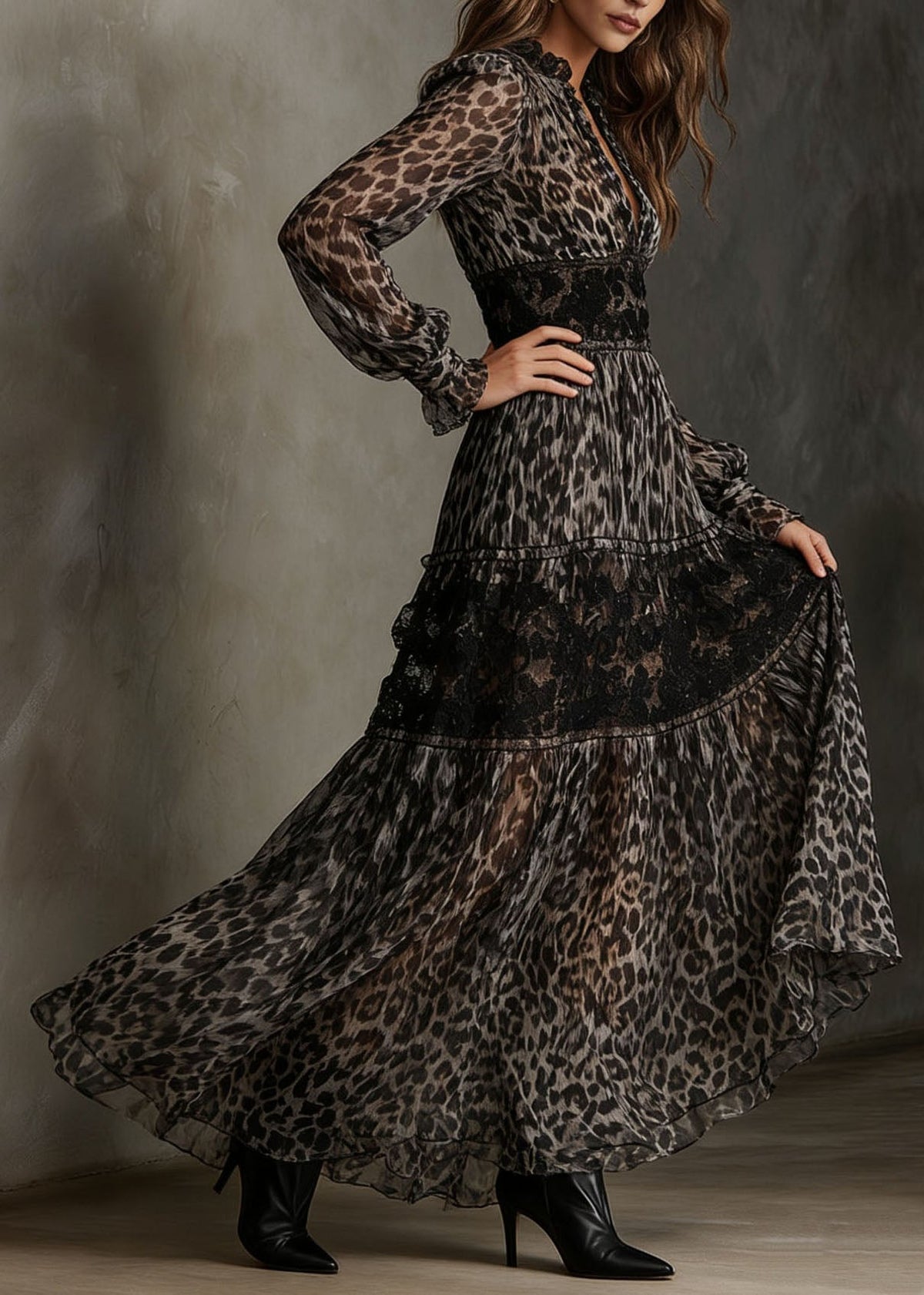 Animal Print Lace Trim Deep V-Neck Ruffle Collar Maxi Dress - View 5