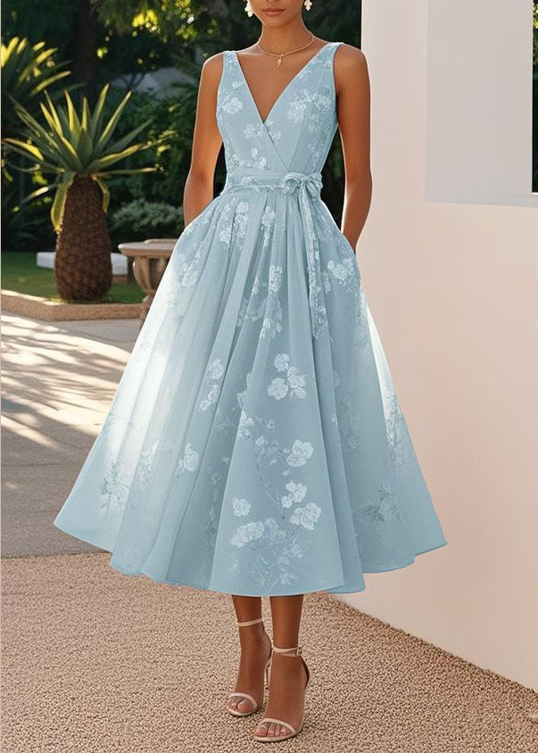 V-Neck Sleeveless Floral Print Belted A-Line Midi Dress 2