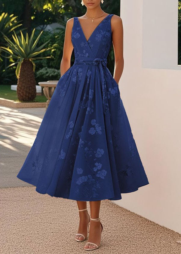 V-Neck Sleeveless Floral Print Belted A-Line Midi Dress 3