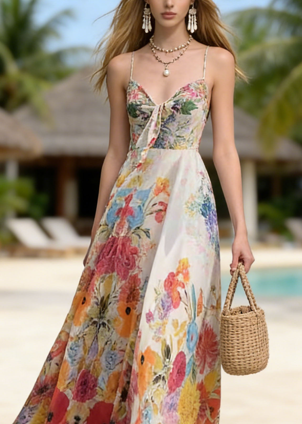 Floral Spaghetti Strap Sweetheart Fit and Flare Maxi Dress - View 3