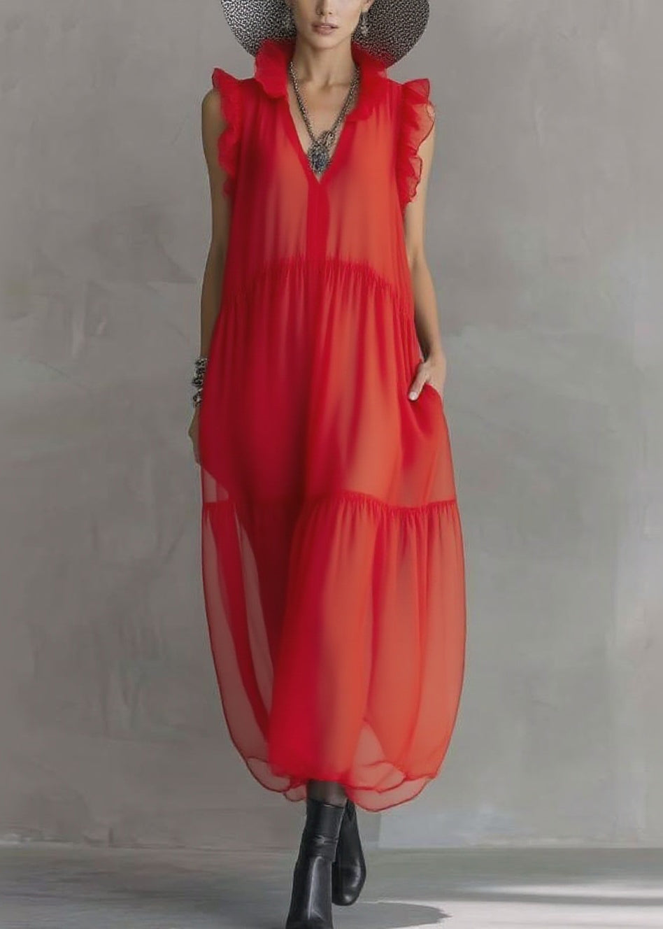 Sheer Chiffon Ruffle Trim Sleeveless V-Neck Tiered Maxi Dress 5