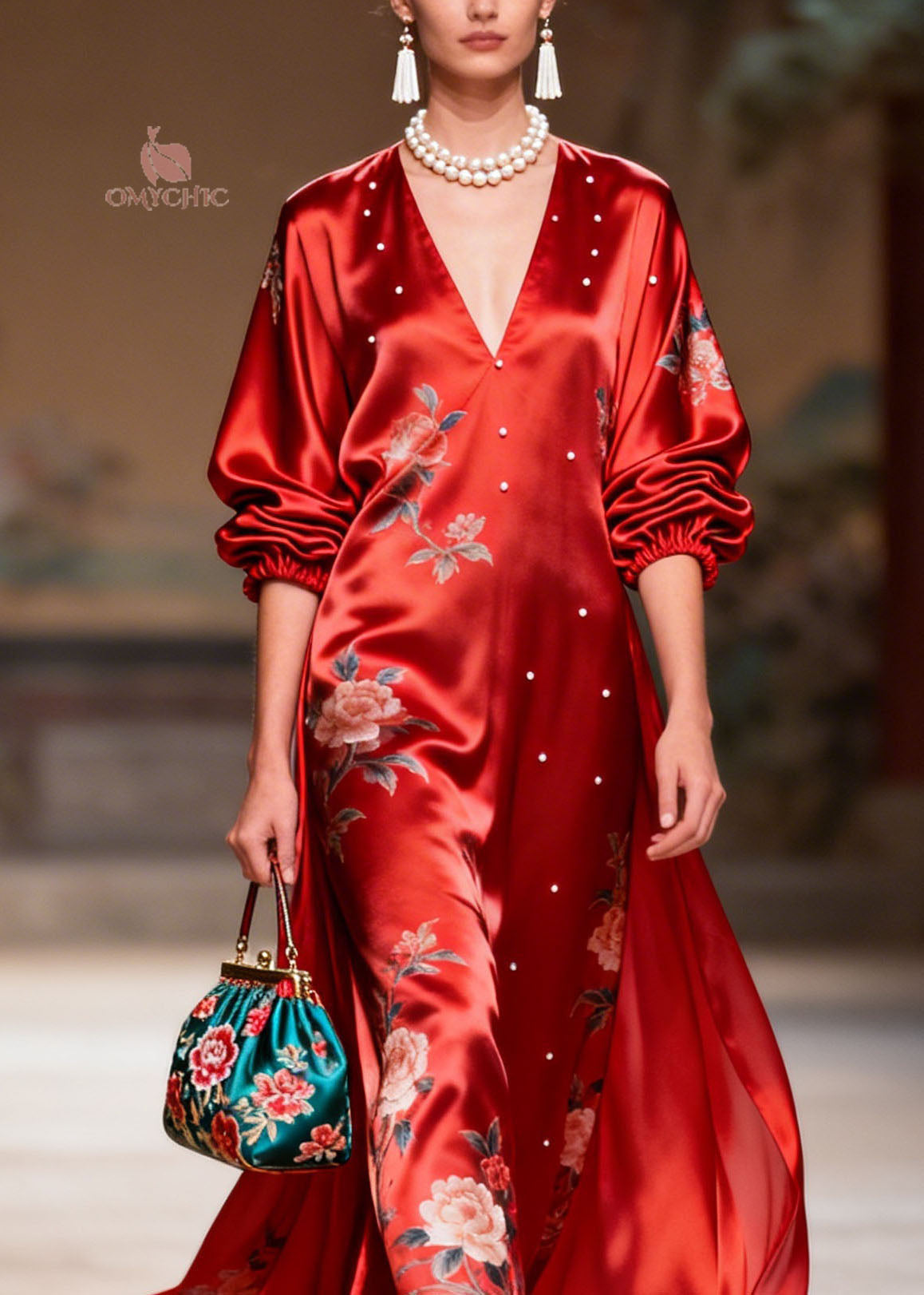 Floral Print V-Neck Balloon Sleeve Pearl Stud Trim Satin Maxi Gown - View 2