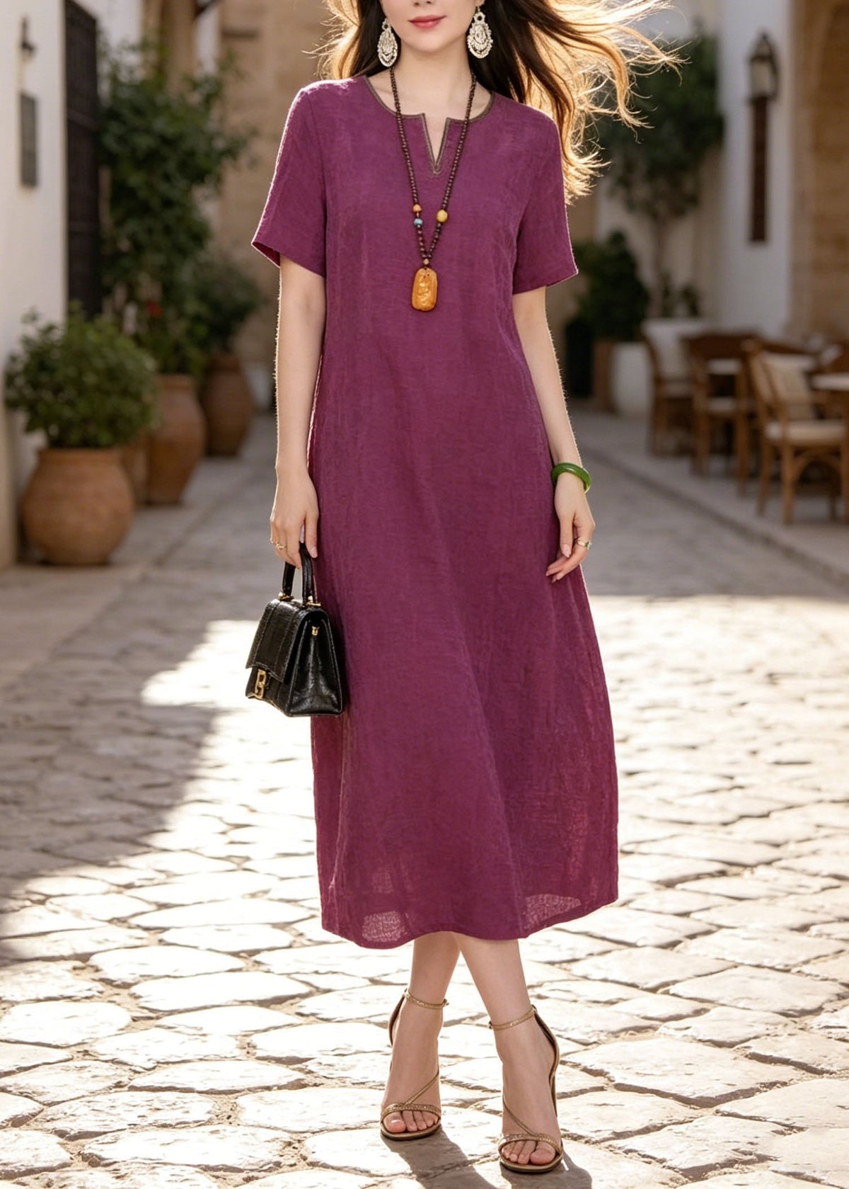 Textured Woven Split Neck Contrast Piping Shift Midi Dress - View 2