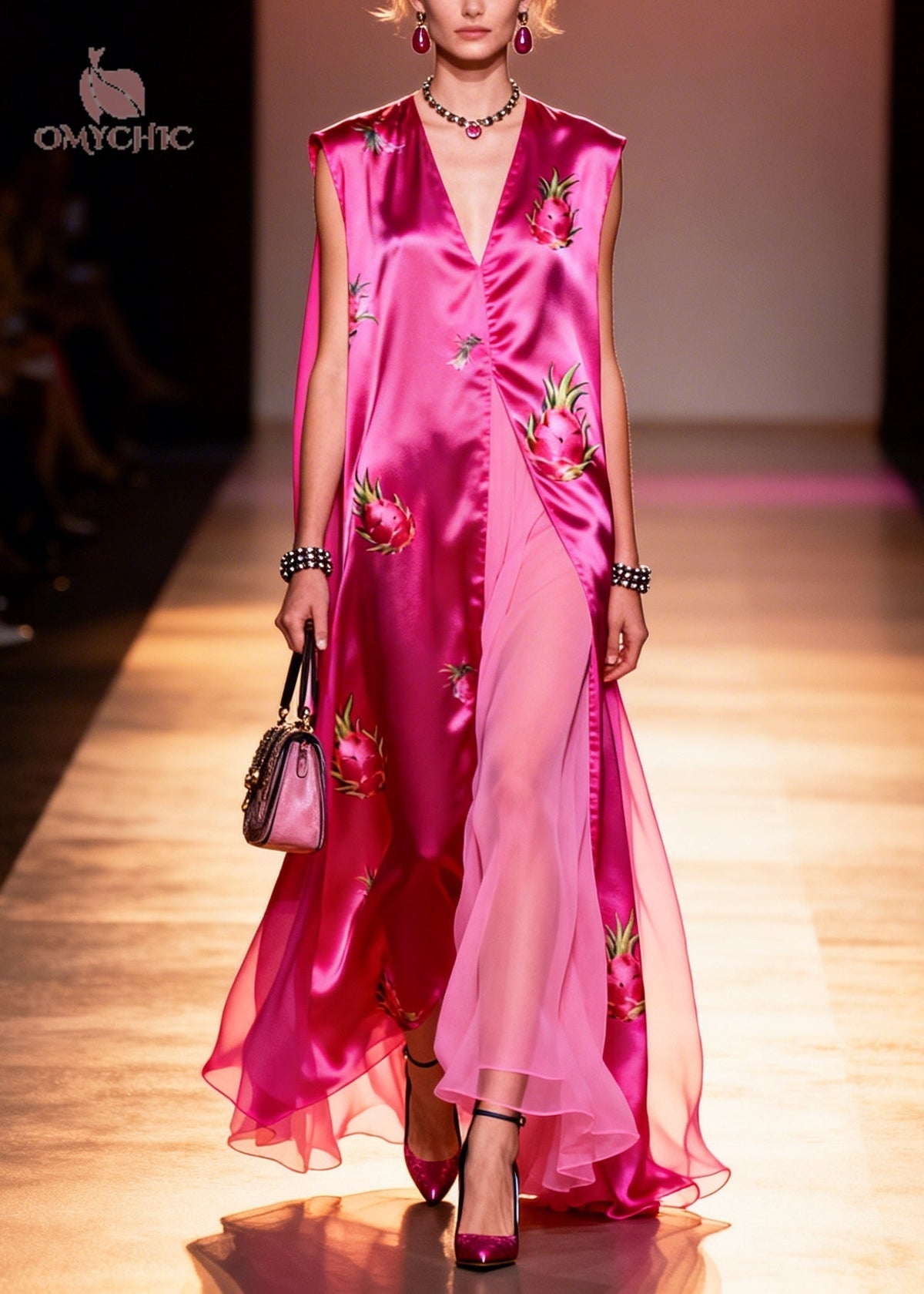 V-Neck Sleeveless Fruit Print High Split Satin Maxi Dress