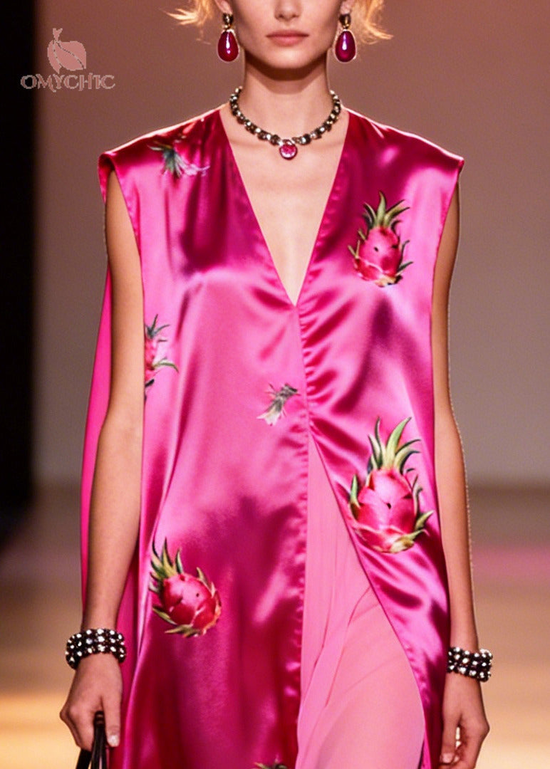 V-Neck Sleeveless Fruit Print High Split Satin Maxi Dress 2