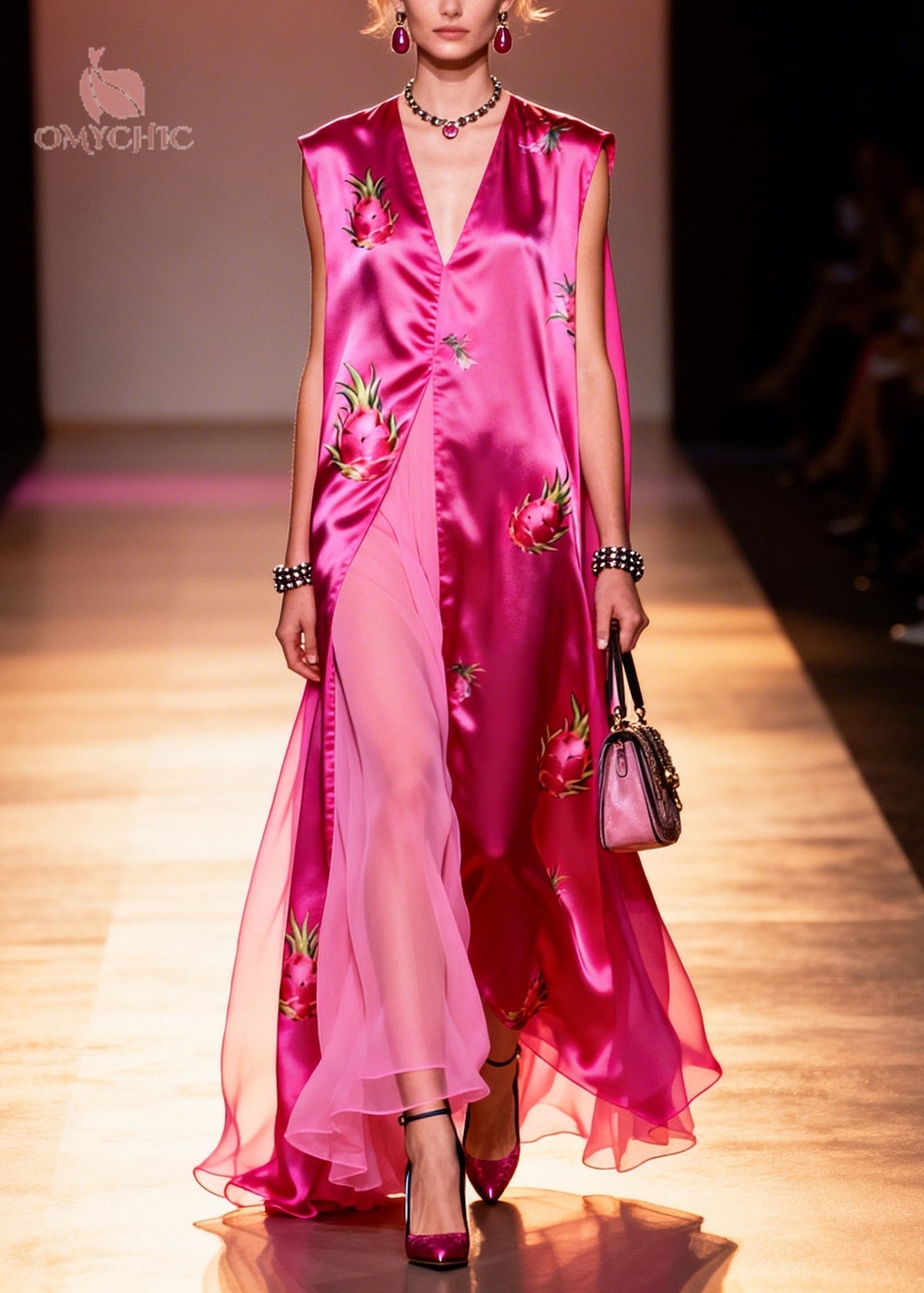 V-Neck Sleeveless Fruit Print High Split Satin Maxi Dress 3
