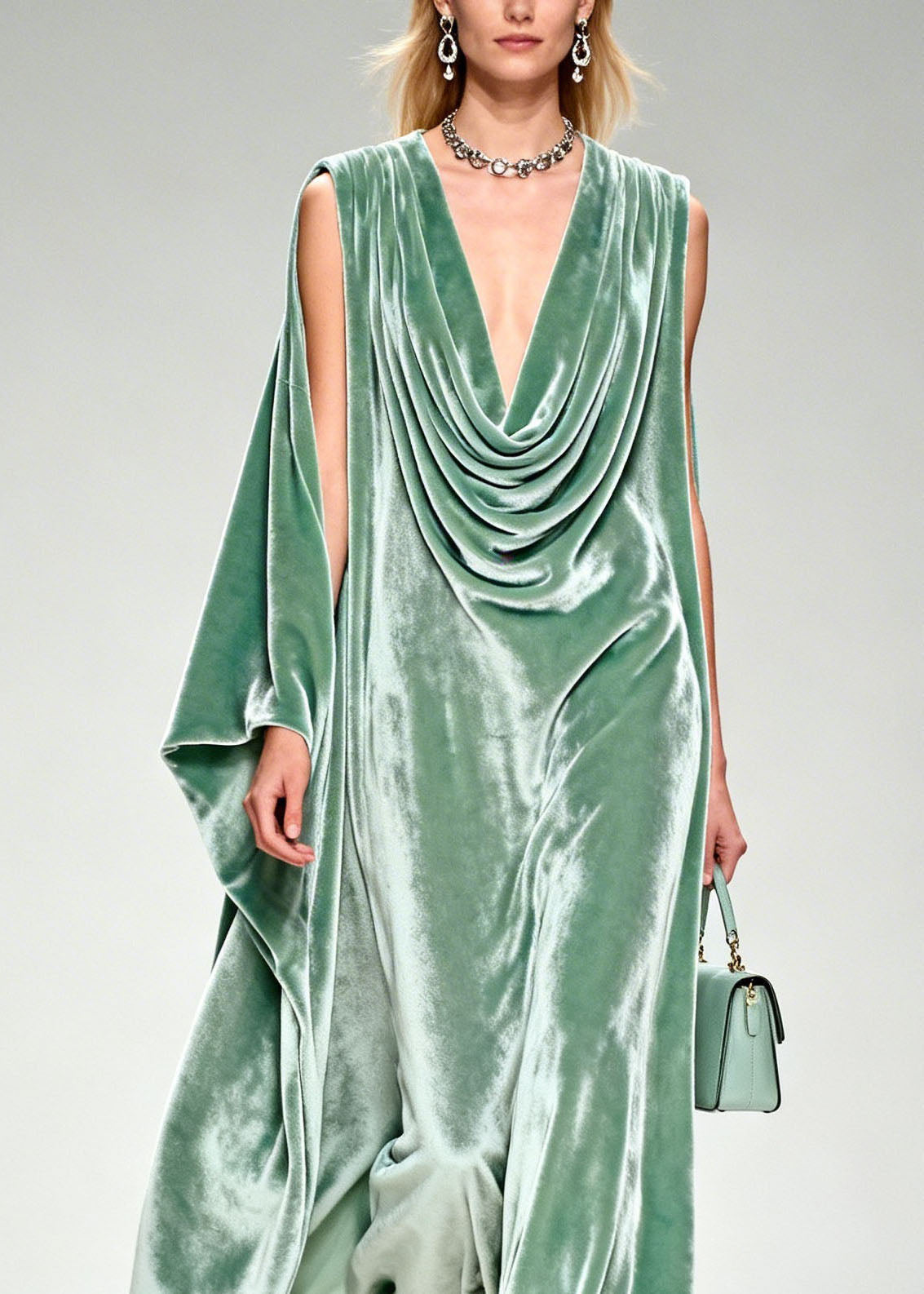 Cowl Neck Draped Velvet Floral Trim Maxi Dress 2