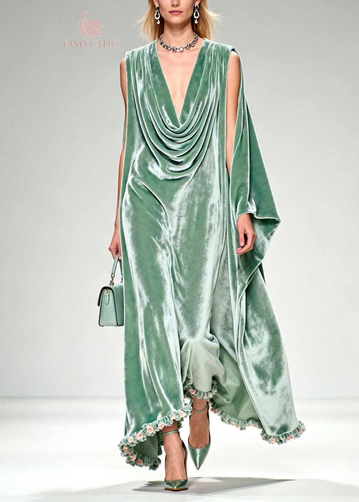 Cowl Neck Draped Velvet Floral Trim Maxi Dress 3