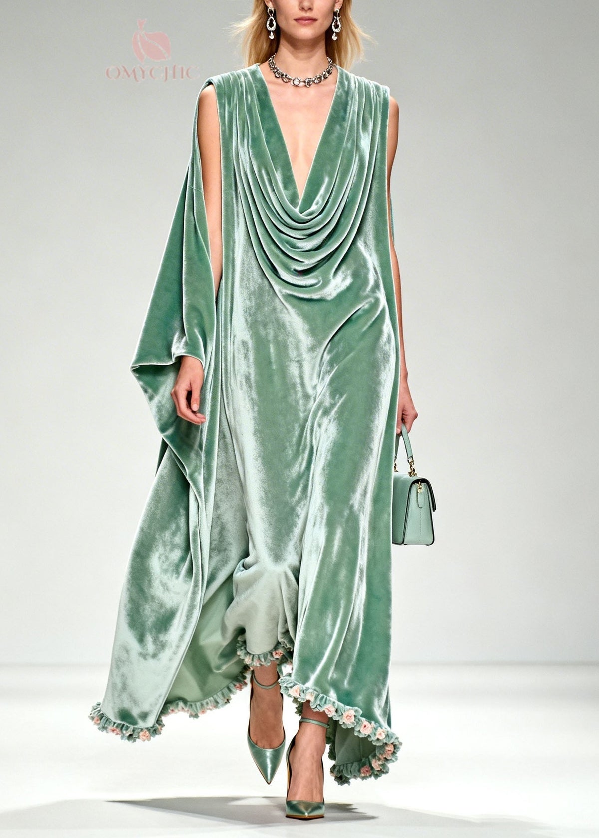 Cowl Neck Draped Velvet Floral Trim Maxi Dress 5