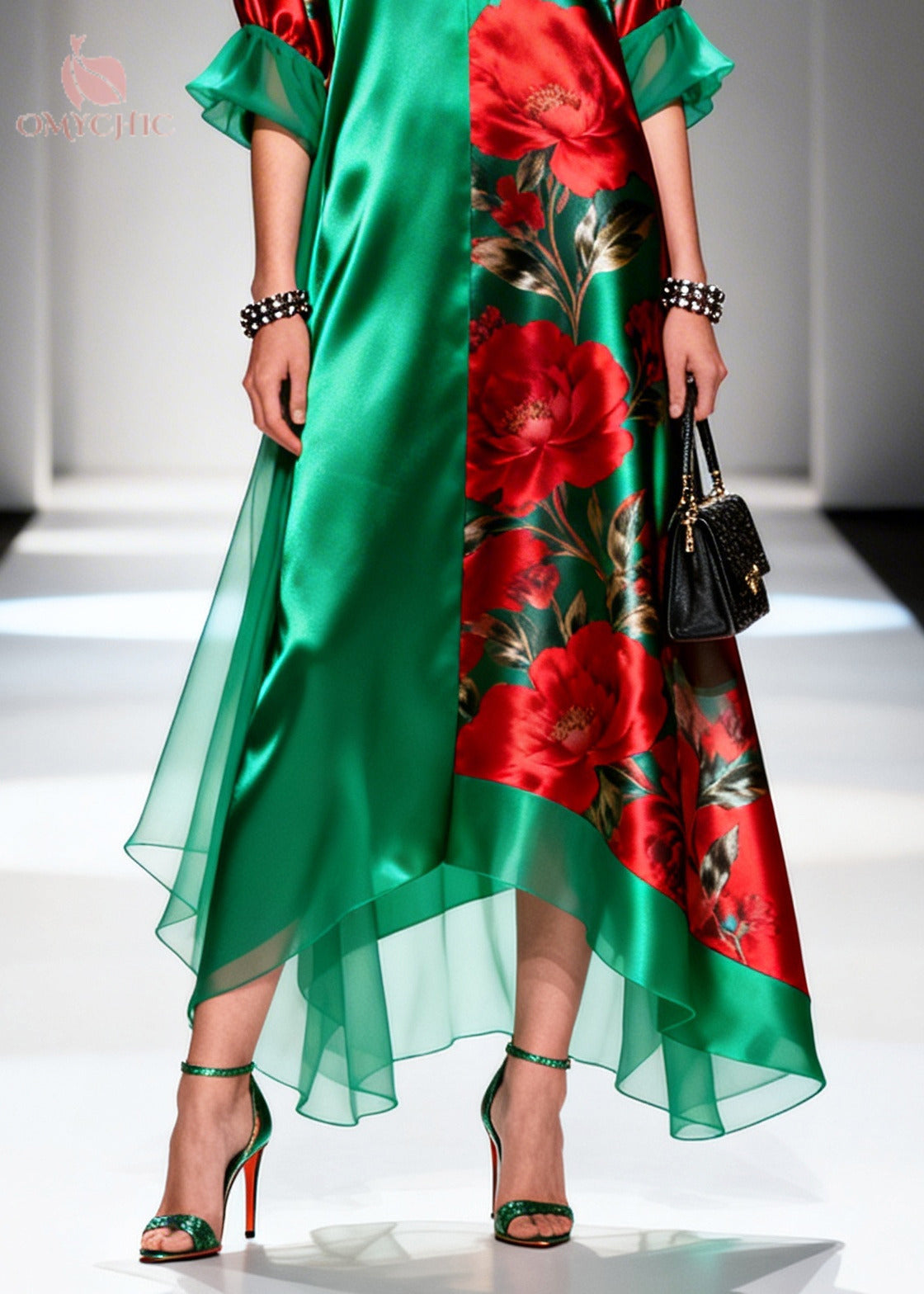 Satin Rose Print Panel Deep V-Neck Ruffle Cuff Maxi Dress - View 4