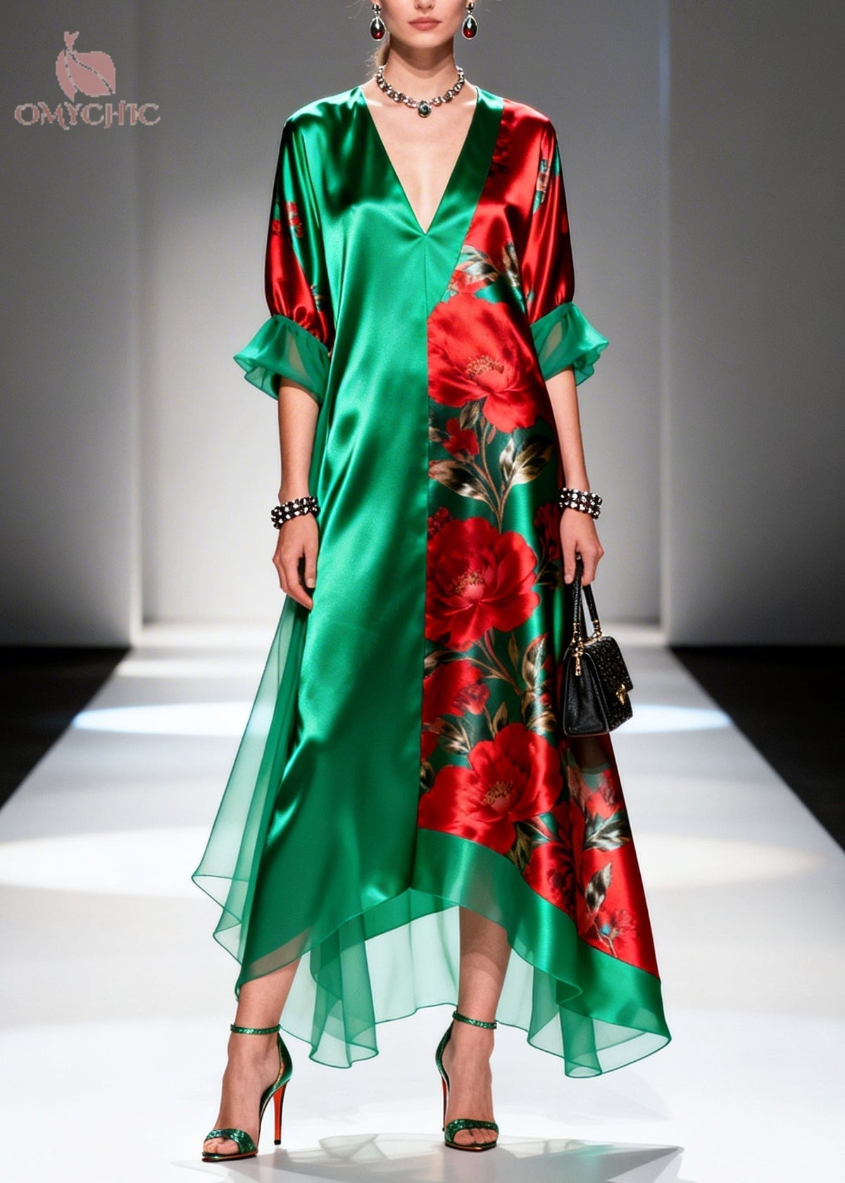 Satin Rose Print Panel Deep V-Neck Ruffle Cuff Maxi Dress - View 5