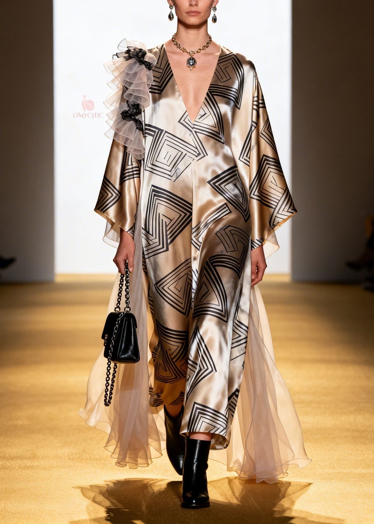 Geometric Print Deep V-Neck Sleeve Shoulder Ruffle Maxi Dress - View 5
